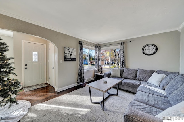 living room featuring dark hardwood / wood-style floors and crown molding