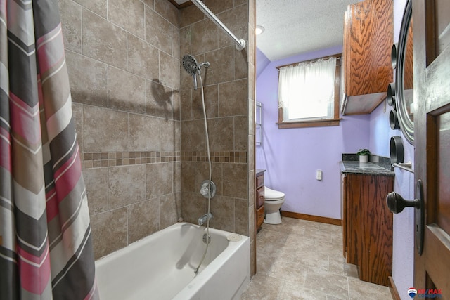 full bathroom featuring vanity, shower / tub combo, a textured ceiling, and toilet