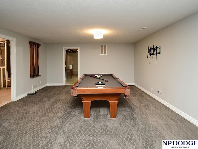 recreation room with dark colored carpet and pool table