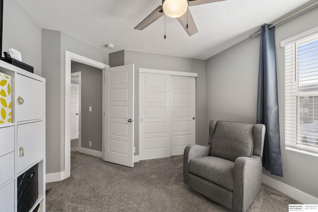 living area featuring carpet, ceiling fan, and a textured ceiling