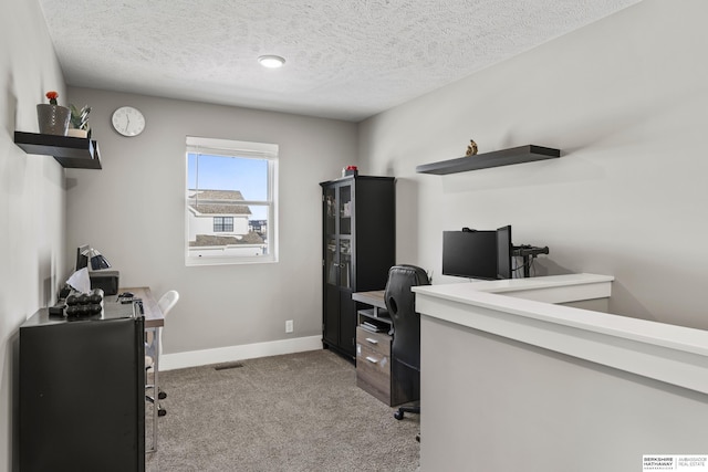 office space with light colored carpet and a textured ceiling