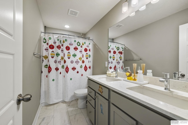 bathroom featuring vanity, toilet, and curtained shower