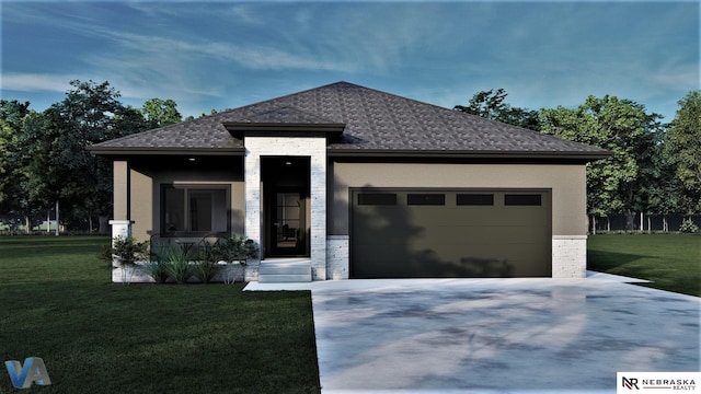 prairie-style home with a garage and a front lawn