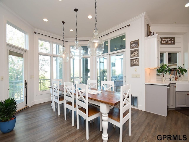 dining room featuring crown molding, dark wood-type flooring, and sink