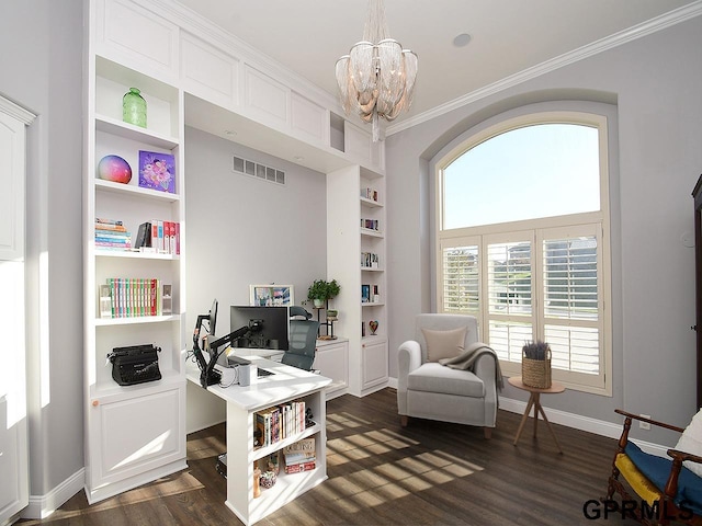 office area with a chandelier, built in features, dark wood-type flooring, and ornamental molding