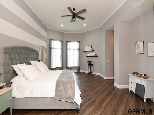 bedroom with ceiling fan, dark hardwood / wood-style flooring, and crown molding