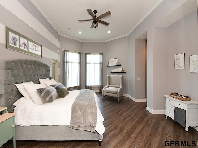 bedroom featuring ceiling fan, dark hardwood / wood-style floors, and ornamental molding