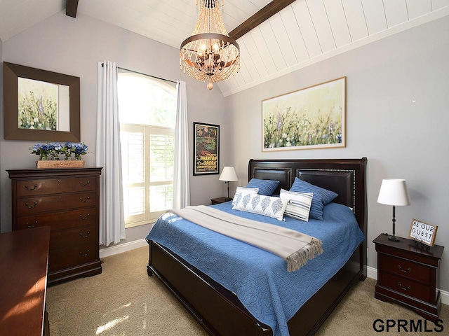 bedroom featuring a chandelier, lofted ceiling with beams, and light colored carpet