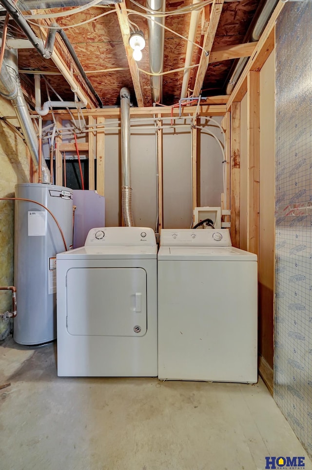 laundry room featuring water heater and washing machine and dryer