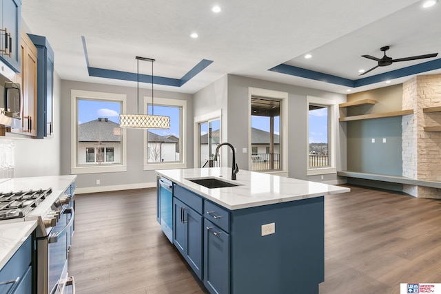 kitchen featuring sink, hanging light fixtures, stainless steel appliances, a tray ceiling, and a center island with sink