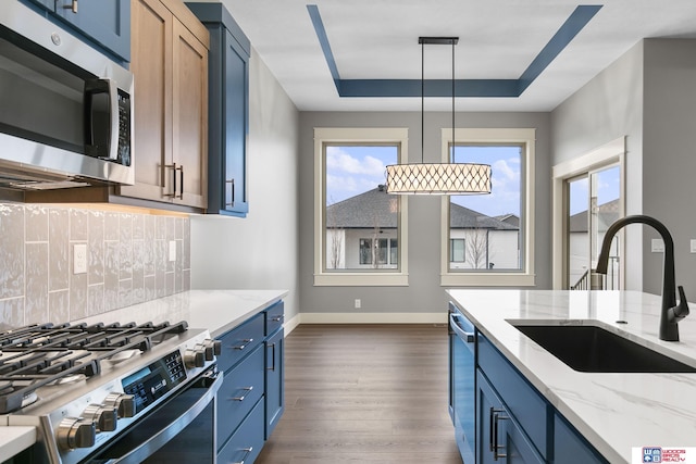 kitchen with sink, hanging light fixtures, a tray ceiling, stainless steel appliances, and light stone countertops