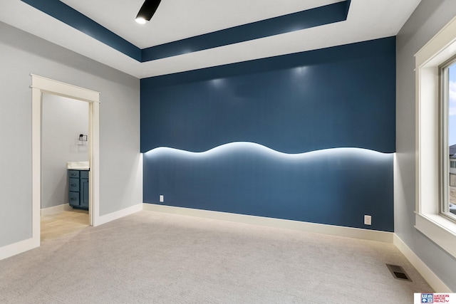 empty room featuring a raised ceiling and light carpet