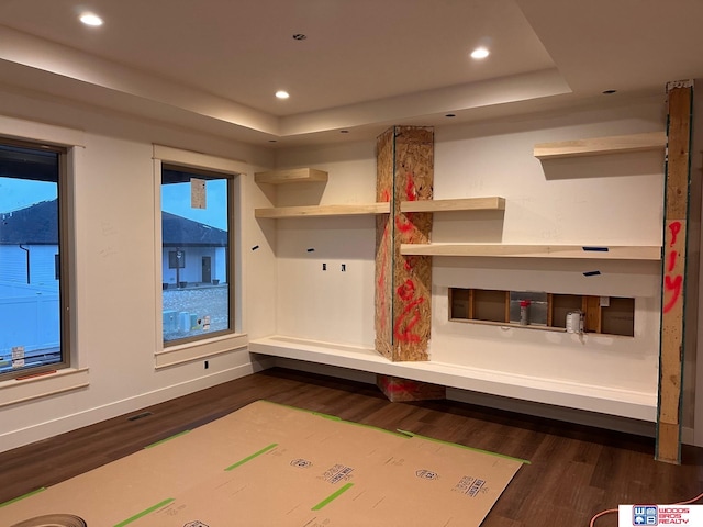 mudroom with dark hardwood / wood-style floors and a raised ceiling