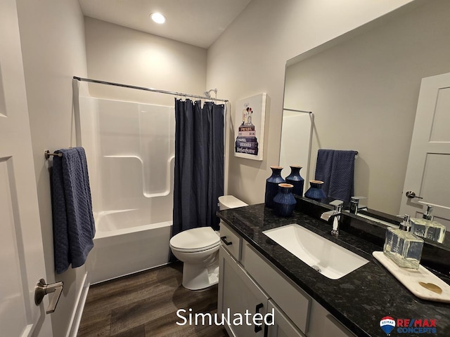 full bathroom with toilet, wood-type flooring, vanity, and shower / tub combo with curtain