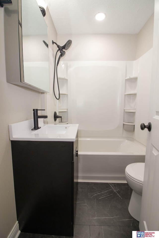 full bathroom featuring shower / tub combination, vanity, a textured ceiling, and toilet