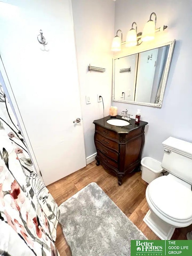 bathroom featuring vanity, toilet, and wood-type flooring