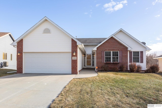 single story home featuring central AC, a front yard, and a garage