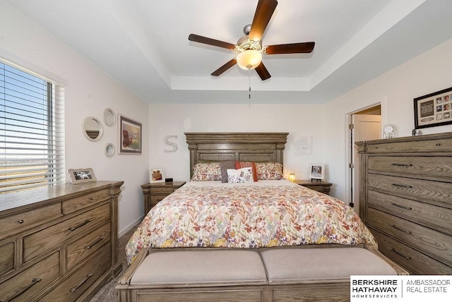 bedroom featuring a raised ceiling and ceiling fan