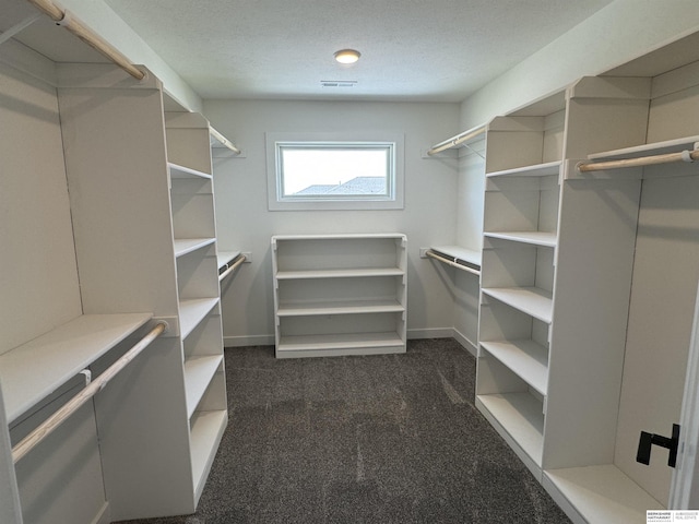 spacious closet featuring dark carpet