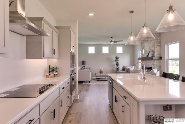 kitchen featuring a center island with sink, sink, wall chimney exhaust hood, white cabinetry, and stainless steel appliances