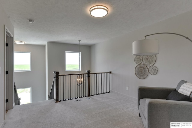 interior space featuring carpet flooring, a textured ceiling, and a wealth of natural light