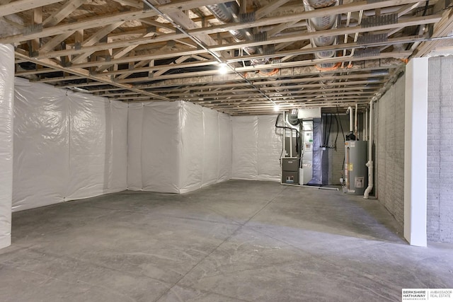 basement with heating unit and water heater