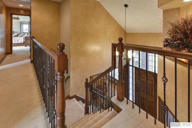 stairs featuring carpet, high vaulted ceiling, and a wealth of natural light