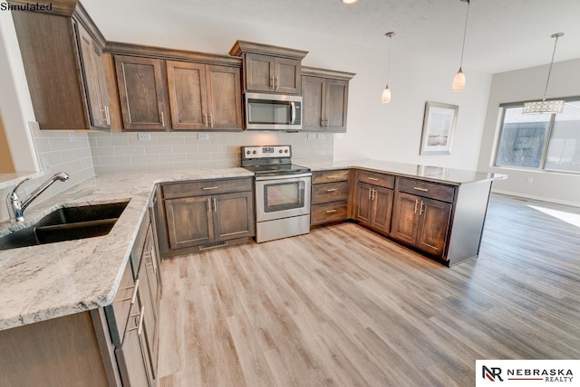 kitchen featuring sink, tasteful backsplash, kitchen peninsula, pendant lighting, and appliances with stainless steel finishes