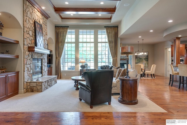 living room with a raised ceiling, light hardwood / wood-style floors, and a stone fireplace