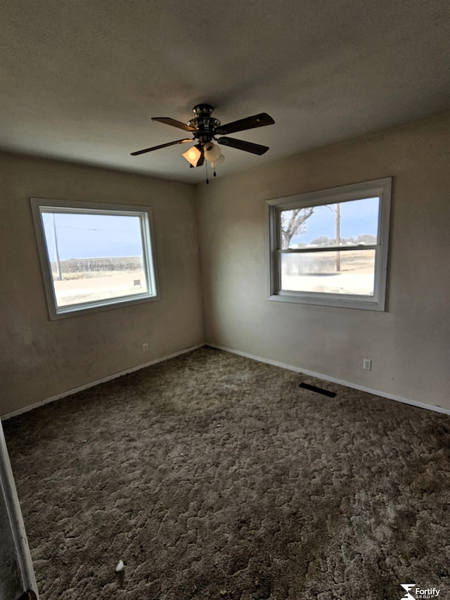 spare room with ceiling fan, plenty of natural light, and carpet