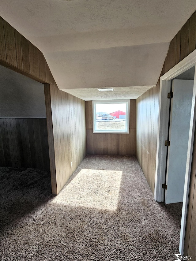 carpeted empty room featuring lofted ceiling, wooden walls, and a textured ceiling