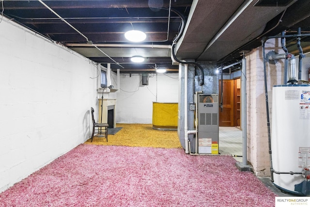 basement with carpet, heating unit, and water heater