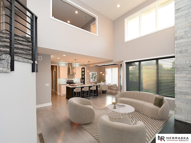 living room with dark hardwood / wood-style floors, sink, and a high ceiling