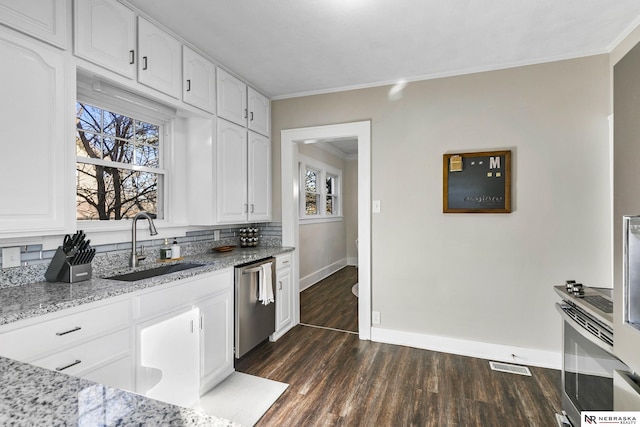 kitchen featuring white cabinets, stainless steel dishwasher, light stone counters, and sink