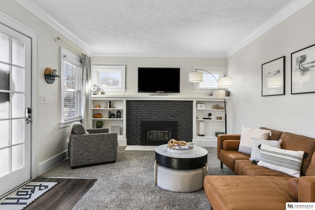 living room featuring a fireplace and crown molding