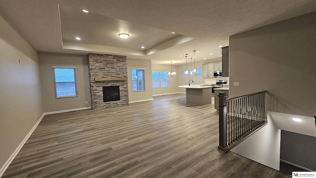 living room featuring dark hardwood / wood-style flooring, sink, a stone fireplace, and a raised ceiling