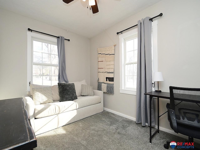 living room featuring ceiling fan, plenty of natural light, and carpet floors