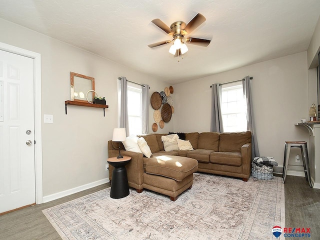 living room with ceiling fan and light hardwood / wood-style floors