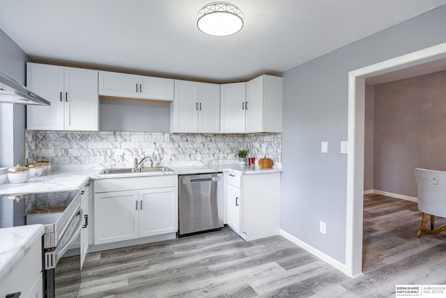 kitchen with sink, wall chimney exhaust hood, stainless steel dishwasher, white electric stove, and white cabinets