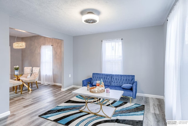 living room featuring hardwood / wood-style floors, breakfast area, and a textured ceiling