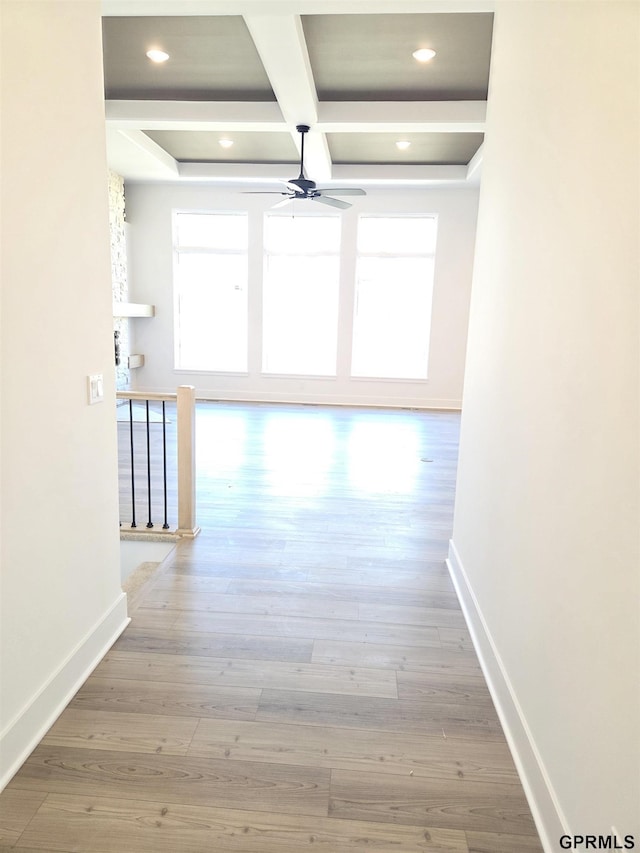 hall with beamed ceiling, baseboards, coffered ceiling, and wood finished floors