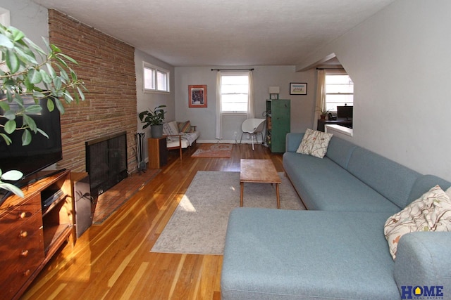 living room with hardwood / wood-style flooring and a stone fireplace