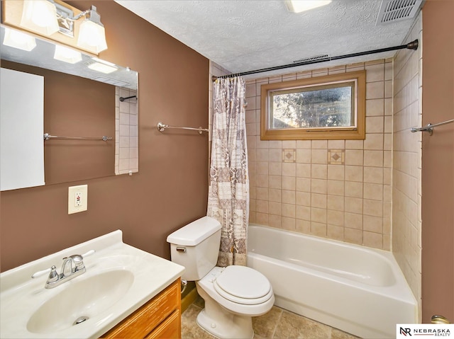 full bathroom featuring vanity, shower / bath combination with curtain, a textured ceiling, and toilet