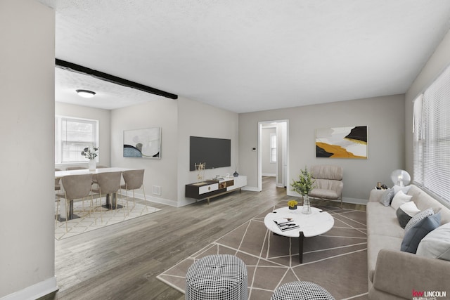 living room with hardwood / wood-style floors, beam ceiling, and a textured ceiling