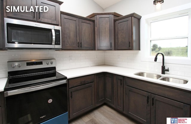 kitchen featuring appliances with stainless steel finishes, tasteful backsplash, dark brown cabinetry, sink, and light hardwood / wood-style flooring