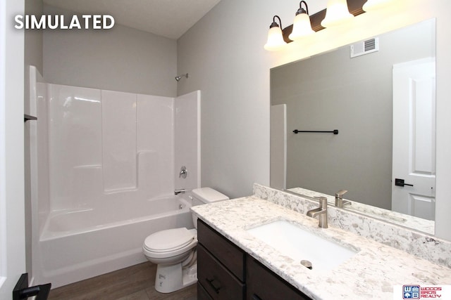 full bathroom featuring hardwood / wood-style flooring, vanity, toilet, and shower / bath combination