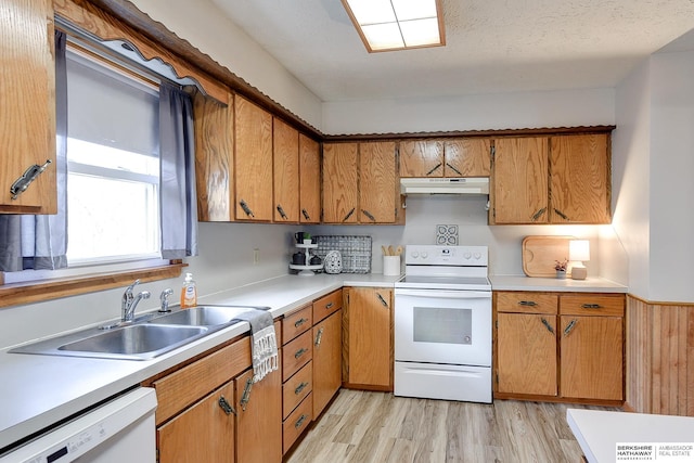 kitchen with light wood-type flooring, a textured ceiling, white appliances, and sink