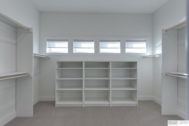 spacious closet featuring light carpet