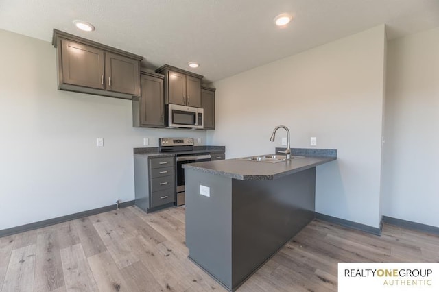 kitchen featuring kitchen peninsula, sink, light hardwood / wood-style floors, and appliances with stainless steel finishes