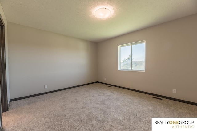 spare room with a textured ceiling and light carpet